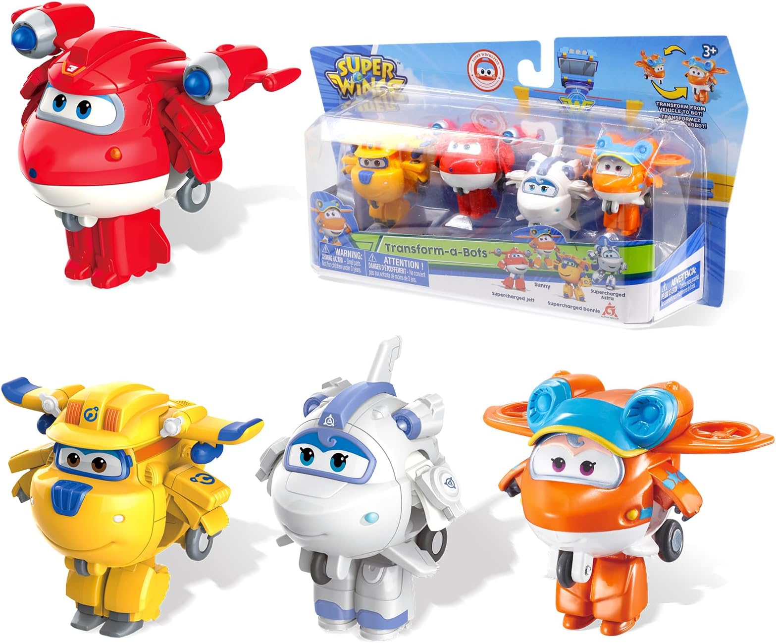Super Wings - 2" Transform-a-Bots 4-Pack Supercharged Jett, Donnie, Astra, Sunny Airplane Toys Vehicle Mini Figures | Fun Preschool Toy Planes for 3 4 5 Year Old Boys and Girls