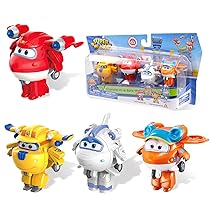 Super Wings 2” trasformabile giocattolo 4 Pack, Supercharged Jett, Donnie, Astra, Sunny, Aereo Giocattoli Veicolo Mini Figure, Giocattoli Transforming per bambini e bambine di 3 4 5 6 7 8 anni