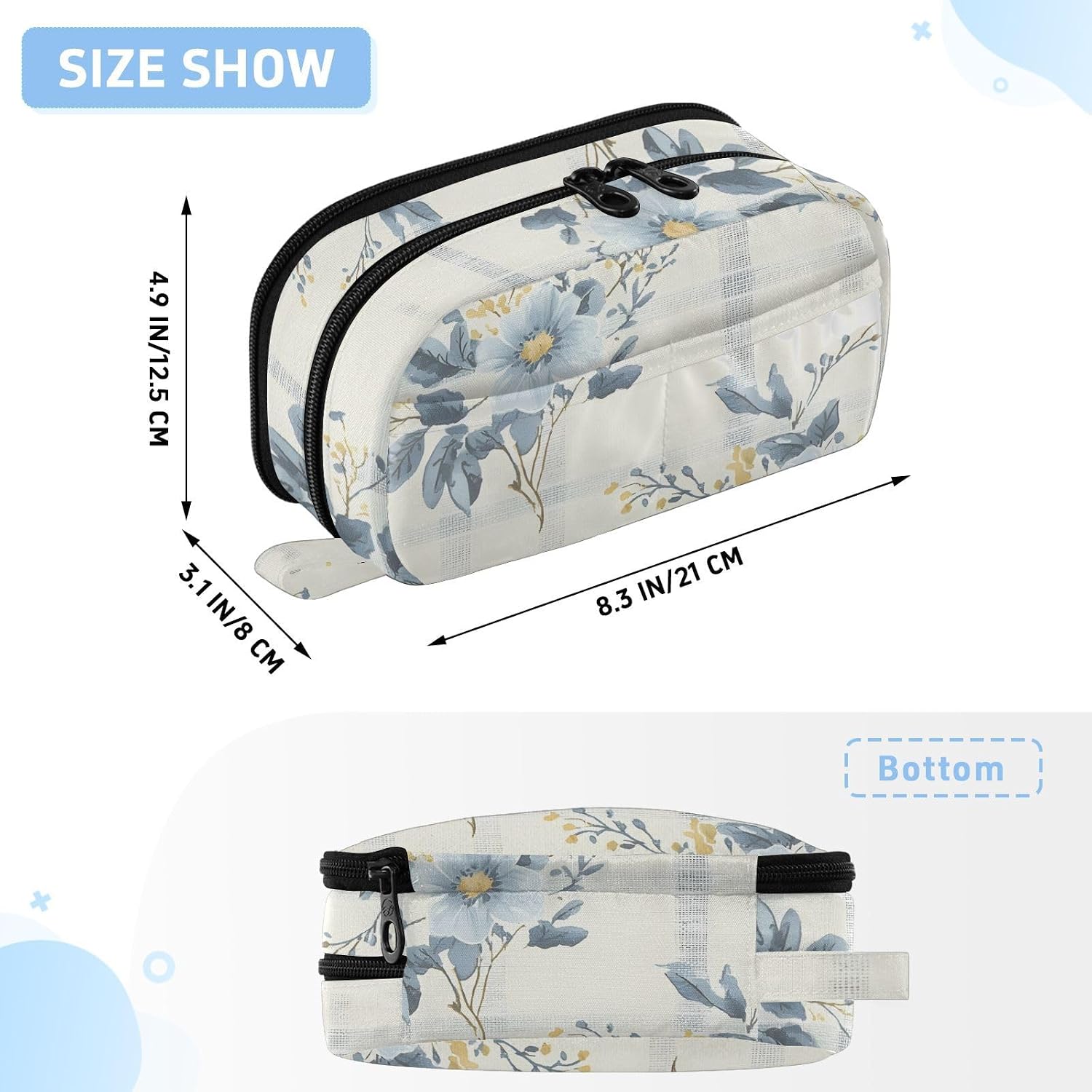 ALAZA Pastel Blue Flower Plaid Pattern Large Capacity Pencil Case, Aesthetic Stationery Organizer Bag with Clear PVC Window, High Capacity Pen Pouch with Dividers for School Office Travel image 3