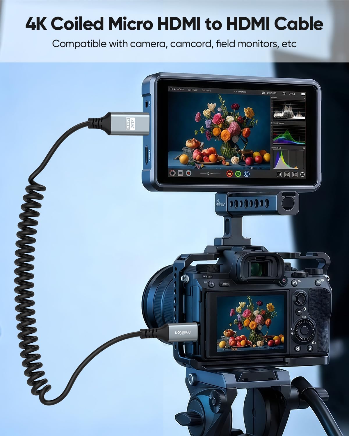 Cable en espiral micro HDMI a HDMI de 1 pie a 3 pies para cámara a monitor de campo, [carcasa de aluminio] Cable en espiral corto HDMI a Micro HDMI 4K @60Hz, 2K @120Hz, HDR, ARC para Raspberry