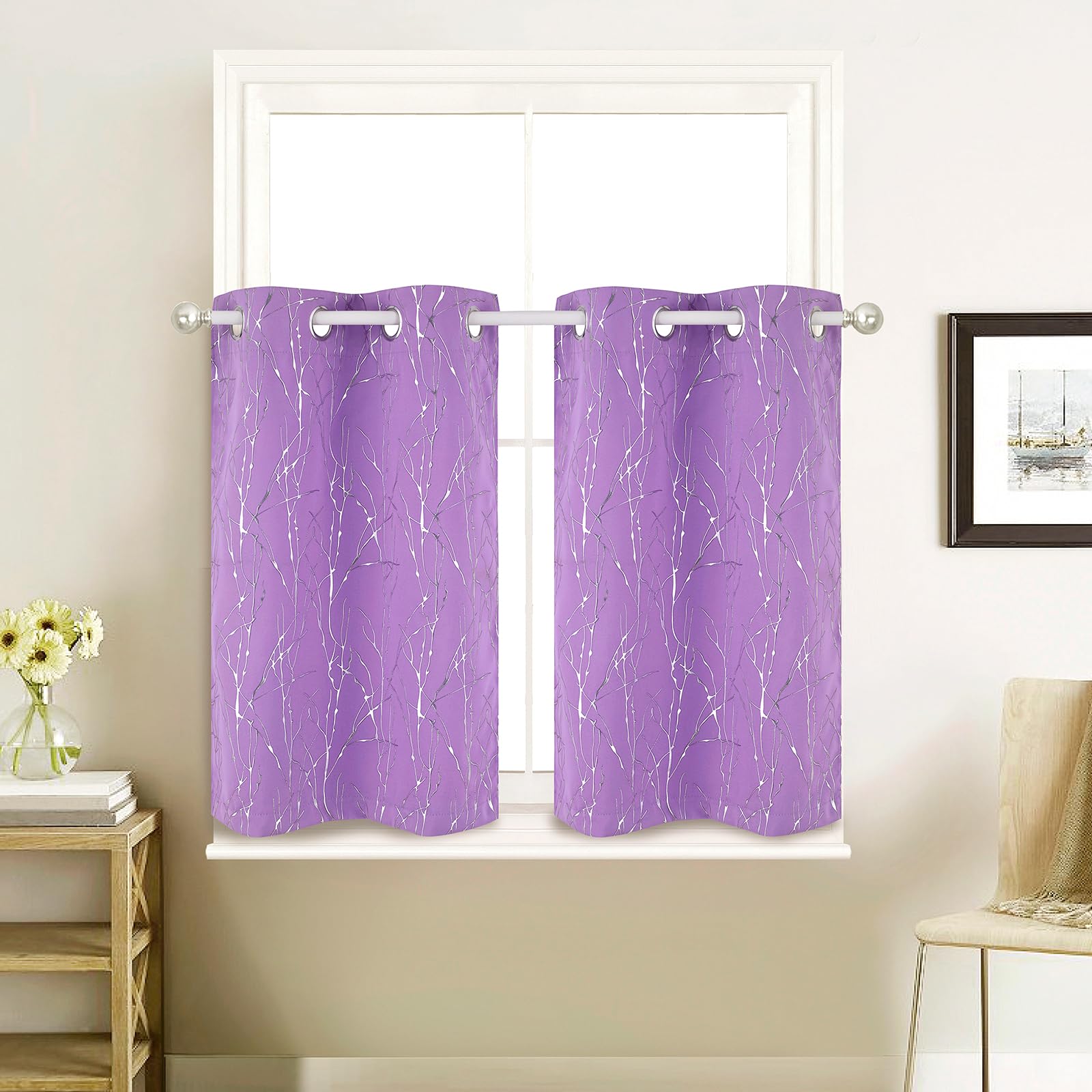 Tony's collectionLavender Kitchen Curtain Blackout Tiers for Living Room, Farmhouse Bathroom Window Treatment Tiers for Small Windows, Grommet Rubber Printed (26 x 36 Inch, Lavender, 2 Panels)