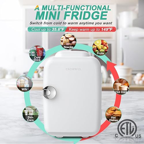 Vista 4 de CROWNFUL Mini Fridge, 4 Liter/6 Can Portable Cooler and Warmer Personal Refrigerator for Skin Care, Cosmetics, Beverage, Food,Great for Bedroom