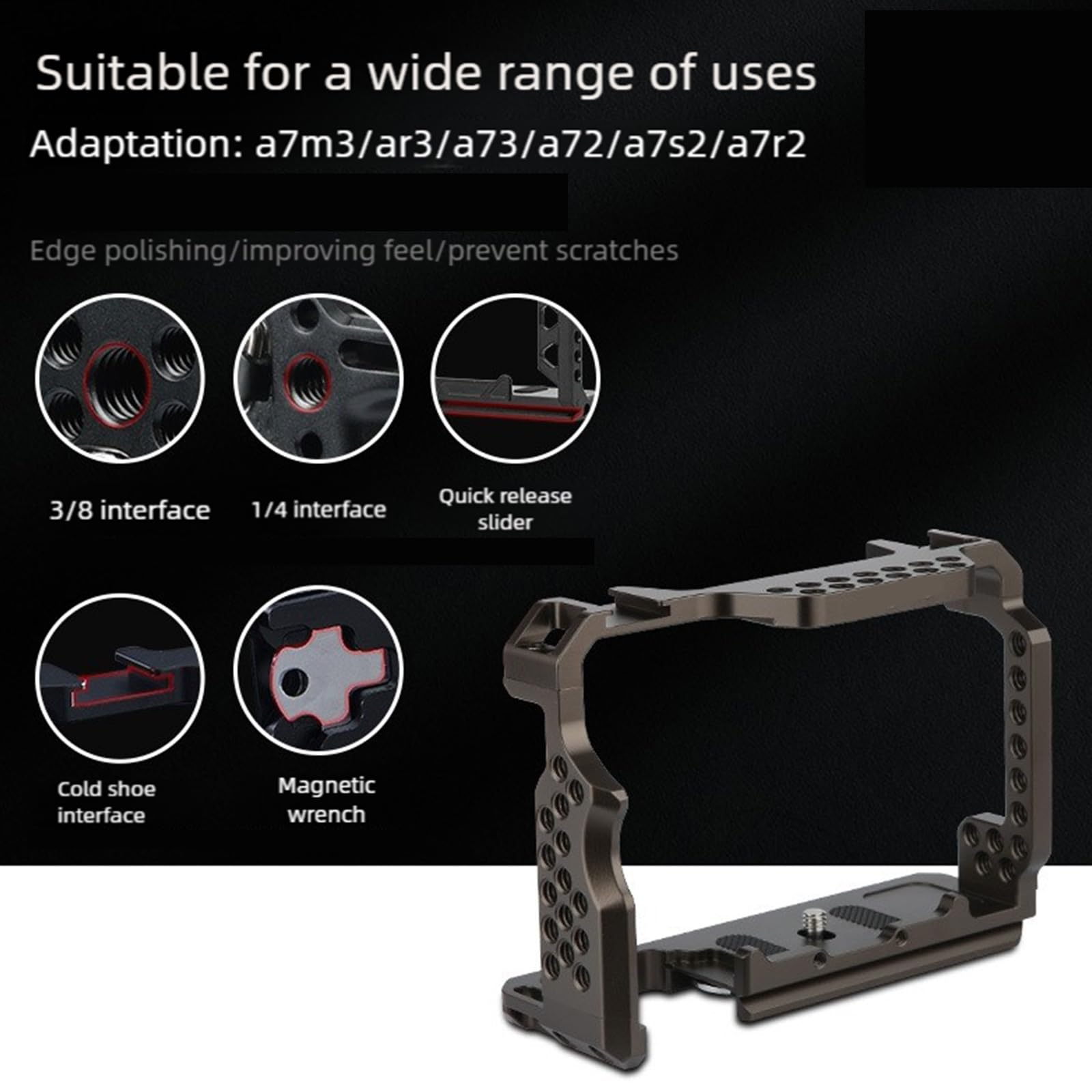 Impugnatura per gabbia per fotocamera, con fori di espansione da 1/4", stabilizzatore di espansione a sgancio rapido, per supporto fotocamera A7M3, A73, A7R3, A7R2