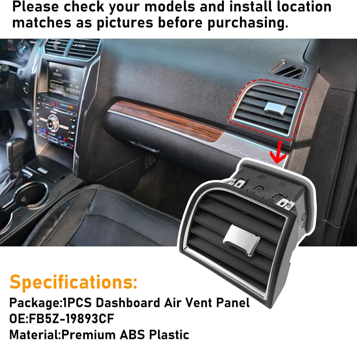Dash Air Vent Panel Instrument Compatible with Ford Explorer 2016-2019,Dashboard Air Conditioning Outlet for Right Passenger Side,Vent Air Louvre Assembly Replace for FB5Z-19893CF,(Black),1 PC