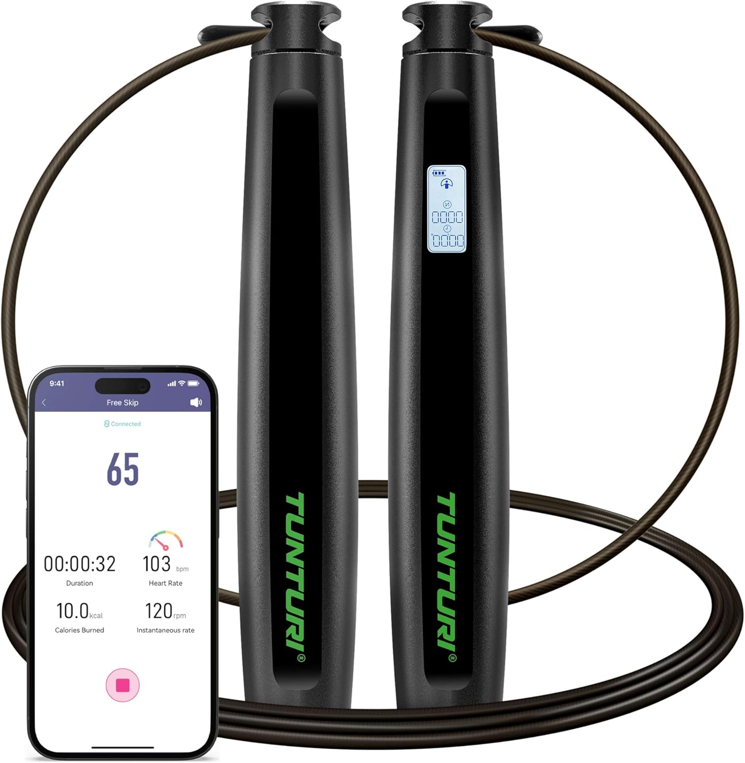 Tunturi Smart Skipping Rope - Skipping Rope - Jumping Fitness Workout - Adjustable Length - Adjustable with Skin-friendly Foam Handles - Suitable for Children and Adults