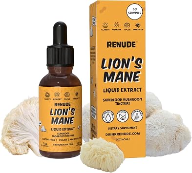 Renude Lions Mane Liquid Extract - Mushroom Tincture, Lions Mane Drops, Supplement for Brain & Immune Support, Promotes Focus & Memory, Superfood Elixir for Men & Women, Alcohol Free, Vegan - 2 oz