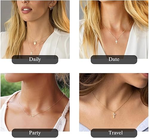Miniatura 7 de MONOZO - Collar de cruz para mujer, chapado en oro de 14 quilates, collar dorado en capas, cruz lateral pequeña, joyería dorada moderna, regalos