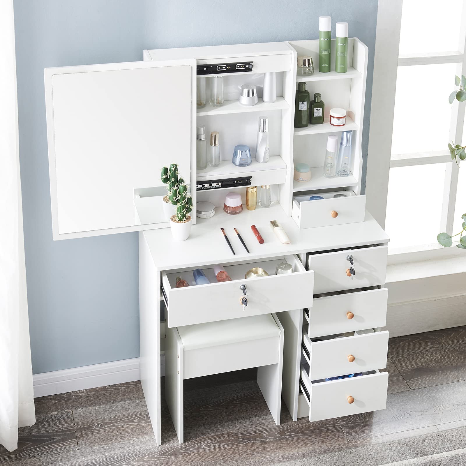 Vanity Set Dressing Table with Makeup Mirror & 10 Light Bulbs, White Vanity Table with Drawers & Cushioned Stool for Bedroom Modern (H1906)