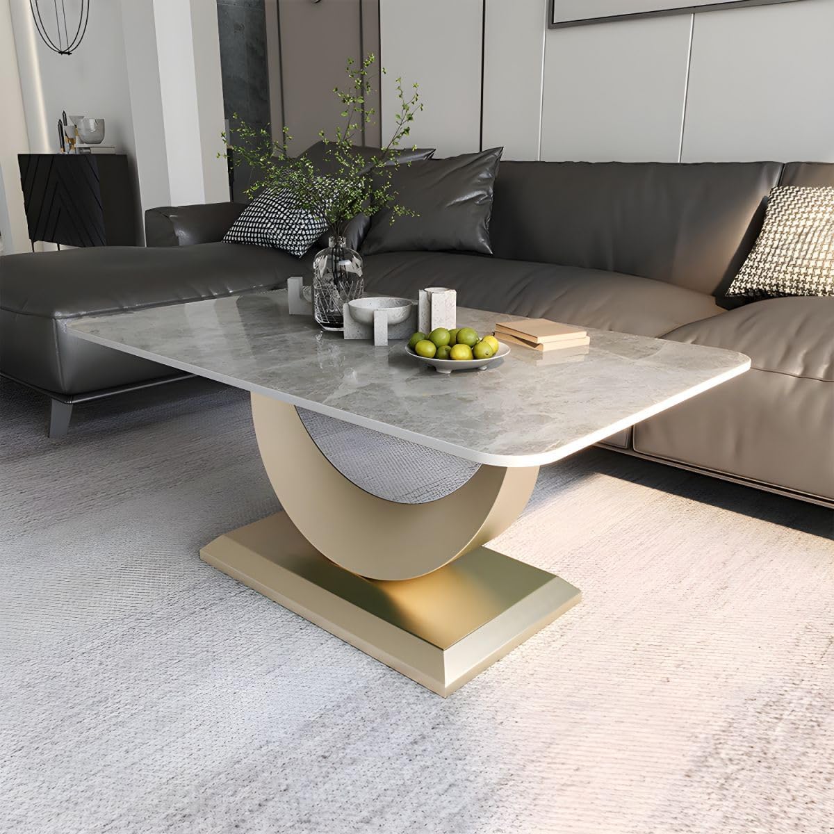 KWOKING Glam Stone Coffee Table with Steel Pedestal Base Rectangle Top Nordic Coffee Table Bright Slate Coffee Table Round Side Table Combination Gray Table Top Gold Table Base 39.5"L x 24"W x 18"H