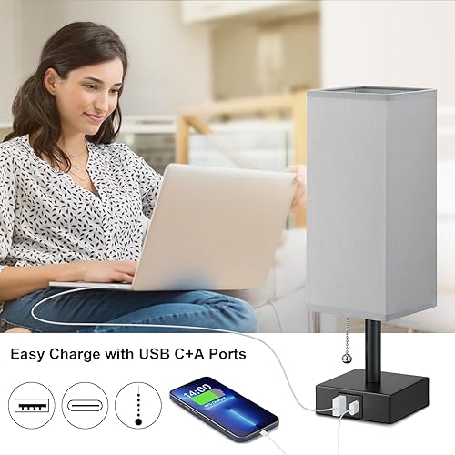 Miniatura 3 de Lámpara de noche gris con puertos USB, lámpara de dormitorio con cadena de tracción para mesita de noche, lámpara de mesa pequeña con USB C + un