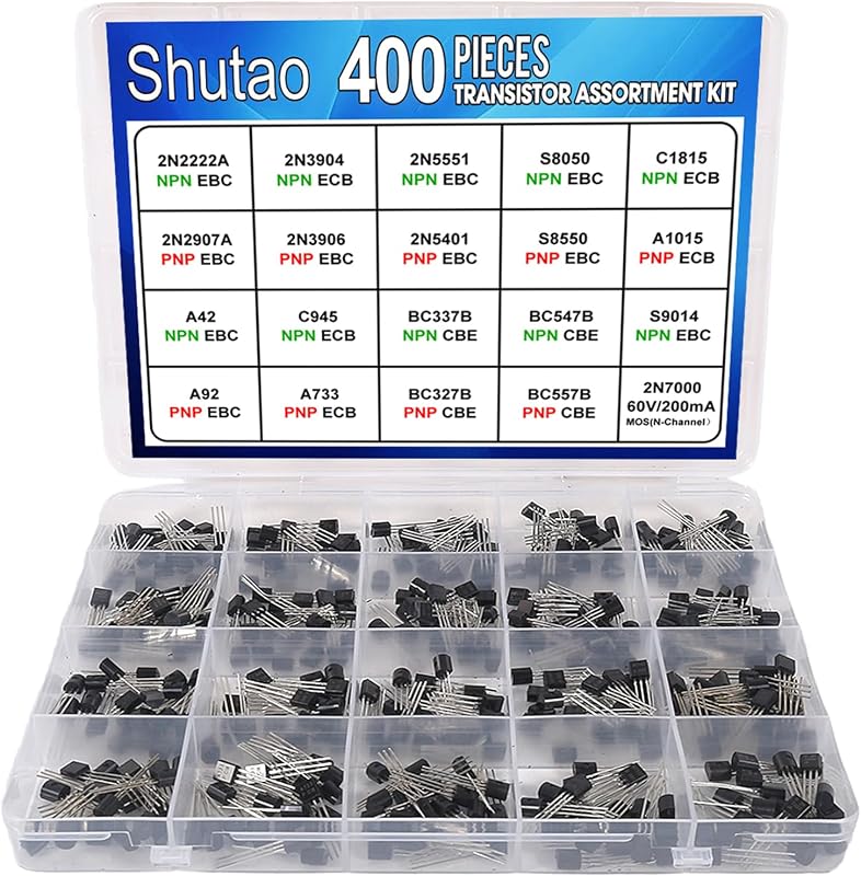 General Purpose Transistor Assortment Kit, 400pcs 20 Types PNP NPN Bipolar & Power Transistors, Includes 2N2222A, 2N3904, 2N7000 MOSFET, BC547 Darlington, A42 High Voltage, for Electronics DIY Repair