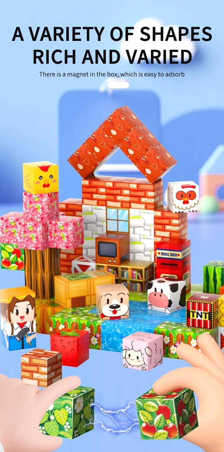 Magnetic Blocks, 117-Piece 0.8in Building Farm Magnet Game Set, Stacking Building Blocks Cubes Magnets for Kids, STEM Sensory Creative Toys Games for Toddler Boys & Girls