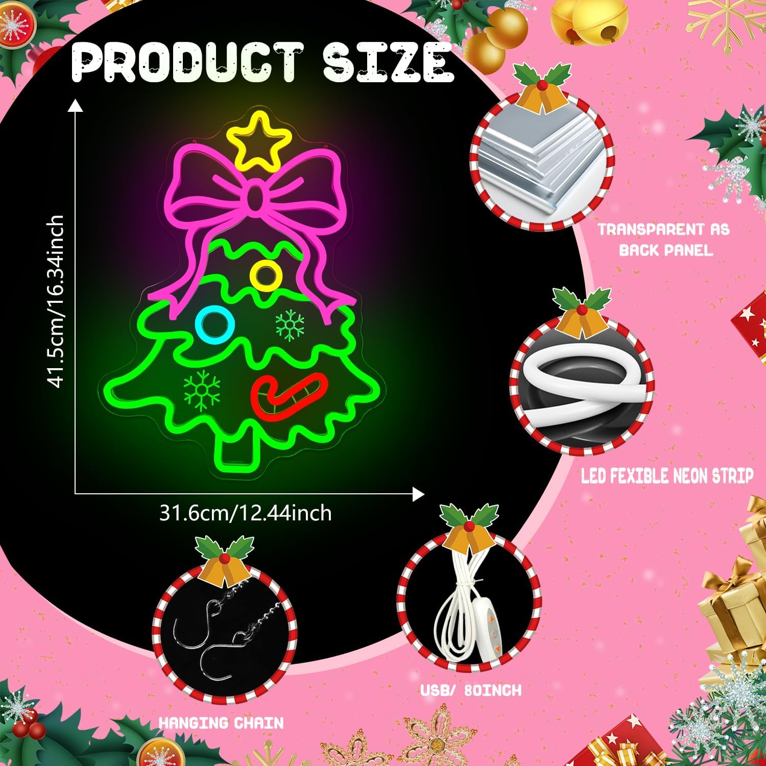 Christmas Neon Sign Pink Bow Christmas Tree Neon Sign for Wall Decor Xmas Tree Led Sign with Star Candy Neon Light Up Signs for Bedroom Window Holiday Door Xmas Party Home Decoration Winter Porch - Image 3