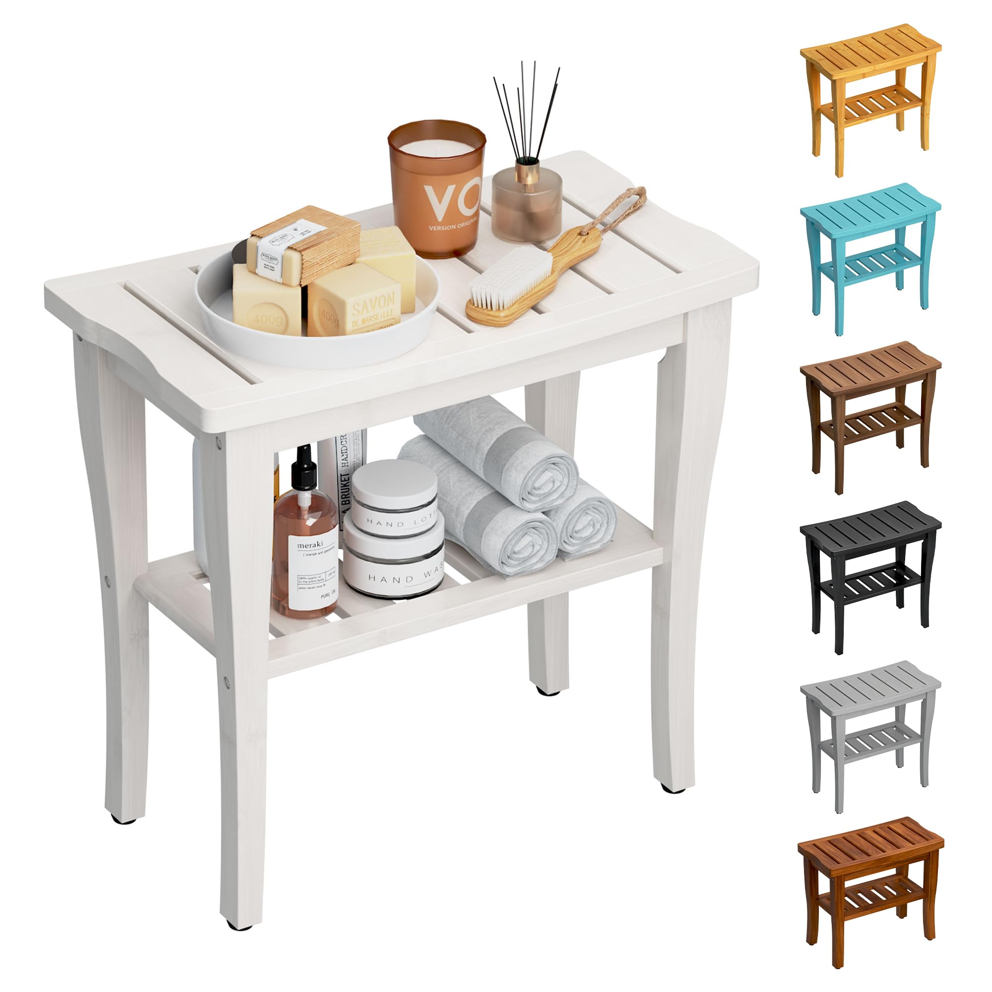 Bamboo Shower Bench Stool with Storage Shelf, Waterproof Shower Chair Spa Bath Seat, Shower Stool for Inside, Bathroom Bench Seat for Adults Elderly