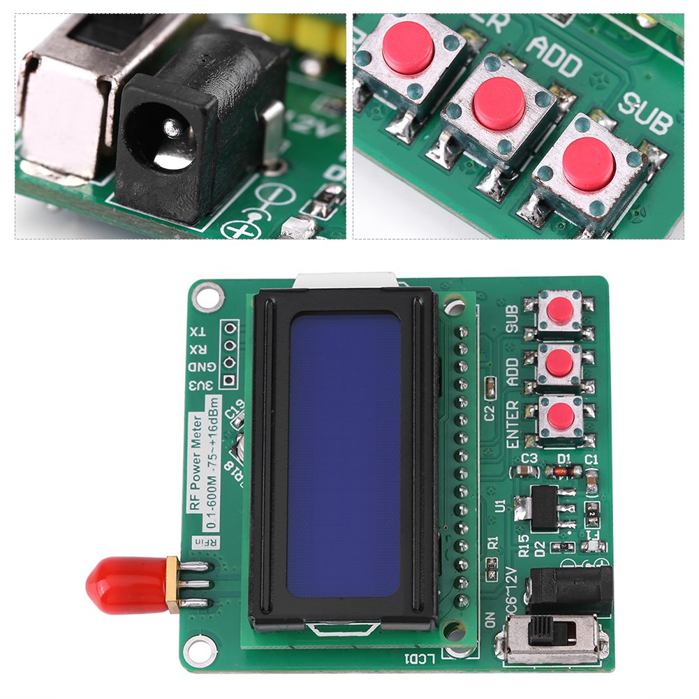 Power Meter, Digital LCD RF Power Meter -75~16 dBm 1-600MHz Radio Frequency Attenuation Value wattmètre électrique Fréquencemètre d'atténuation