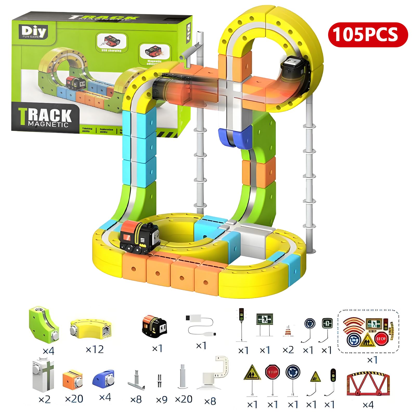 Clickrail Circuit De Train Magnétique Flexible – 68 Pièces, Loopings 360°, Défie La Gravité, Recharge USB – STEM, Dès 4 Ans