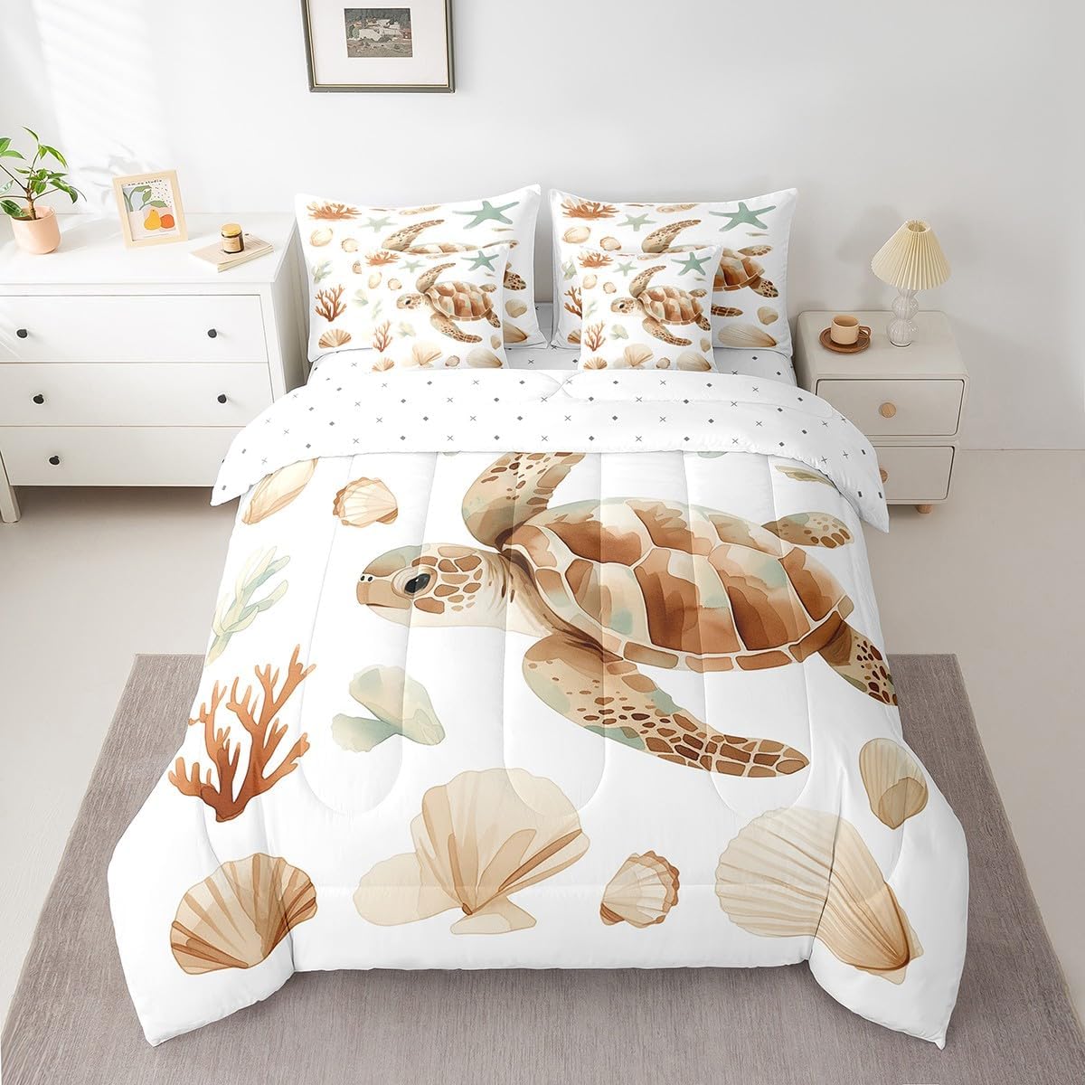 Erosebridal 7Pcs Sea Turtle Comforter Set,Coastal Beach Themed Bedroom Comforter Set Queen Size(1 Comforter, 1 Flat Sheet 1 Fitted Sheet 2 Pillowcases and 2 Throw Pillow Covers)