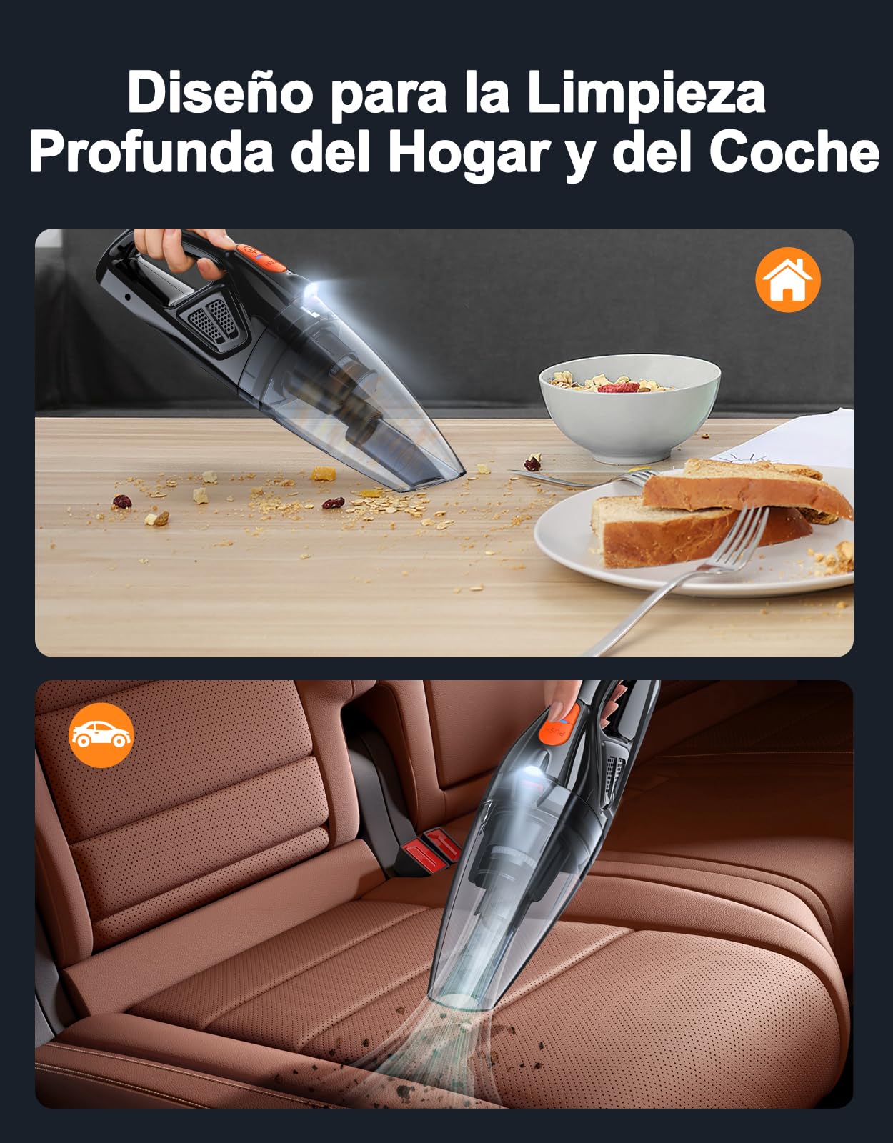Aspirador de Mano con Dock de Carga Rápida, 9000PA Aspirador Coche Potente Sin Cable con Luz LED & 2 Filtros HEPA, Mini Aspiradora Mano para Uso Seco y Húmedo en Casa/Coche/Oficina/Mascotas