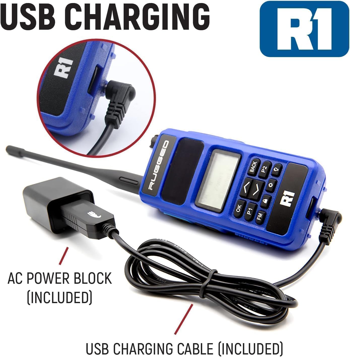 Rugged Radios Two Way 5W Handheld Radio Walkie Talkie for Business Schools Churches Construction - Features Digital and Analog Capabilities Long Range Antenna Dual Band VHF UHF and USB Charger (R1)