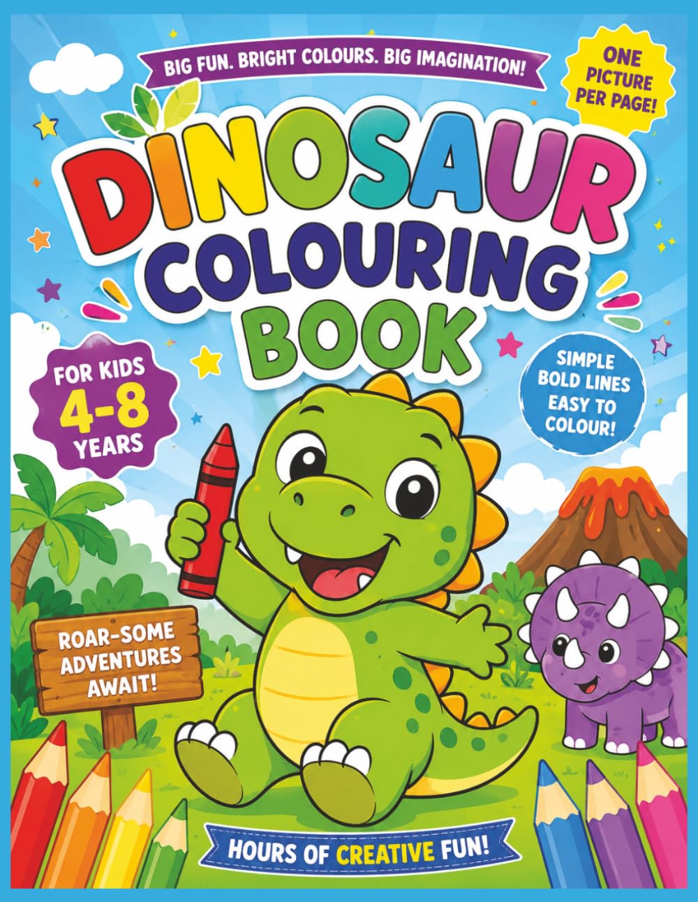 Dinosaur Colouring Book For Kids Ages 4-8: 50 Easy and Fun colouring pages of dinosaurs|One Dino Per Page