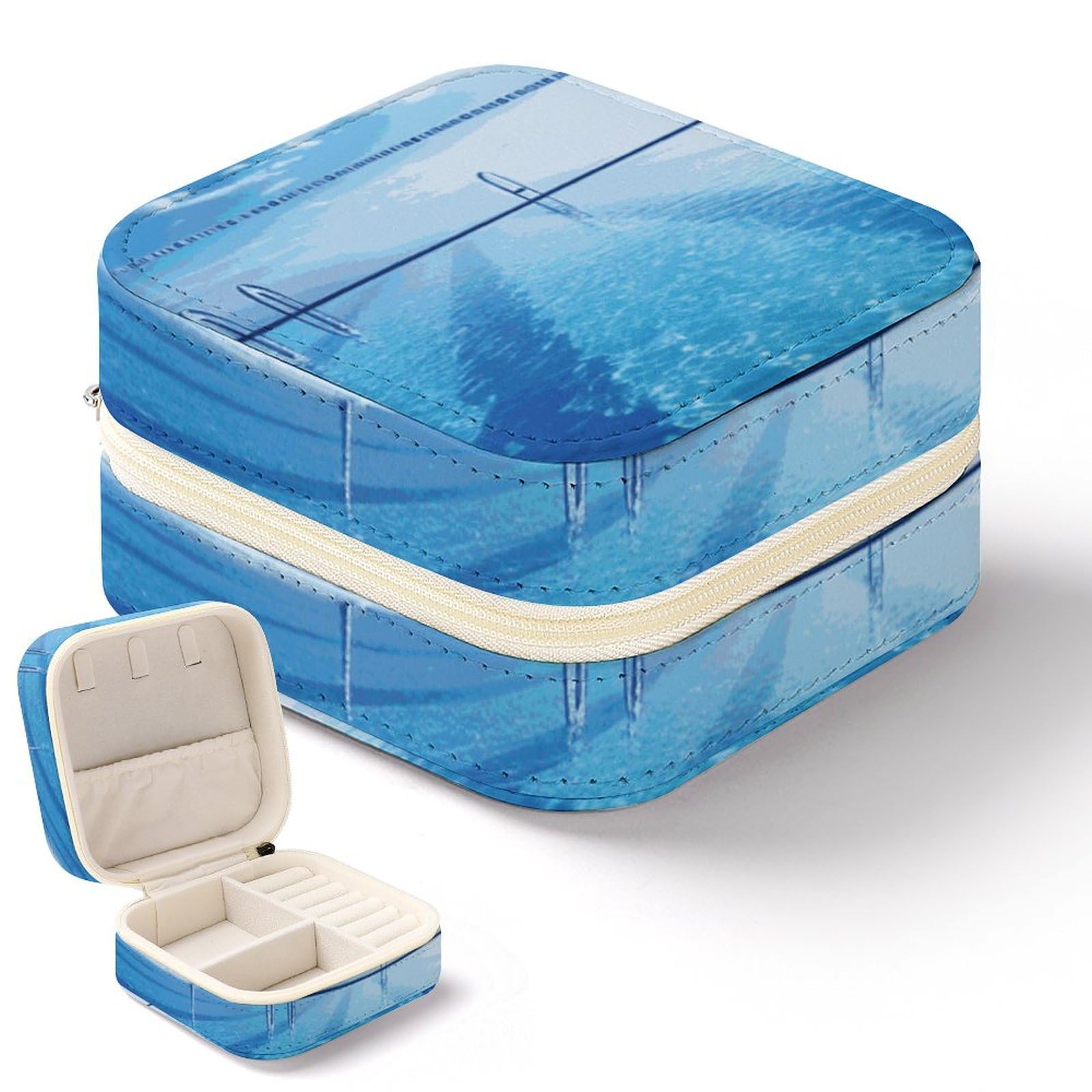 Organisateur de bijoux de voyage pratique en cuir synthétique bleu piscine avec compartiments