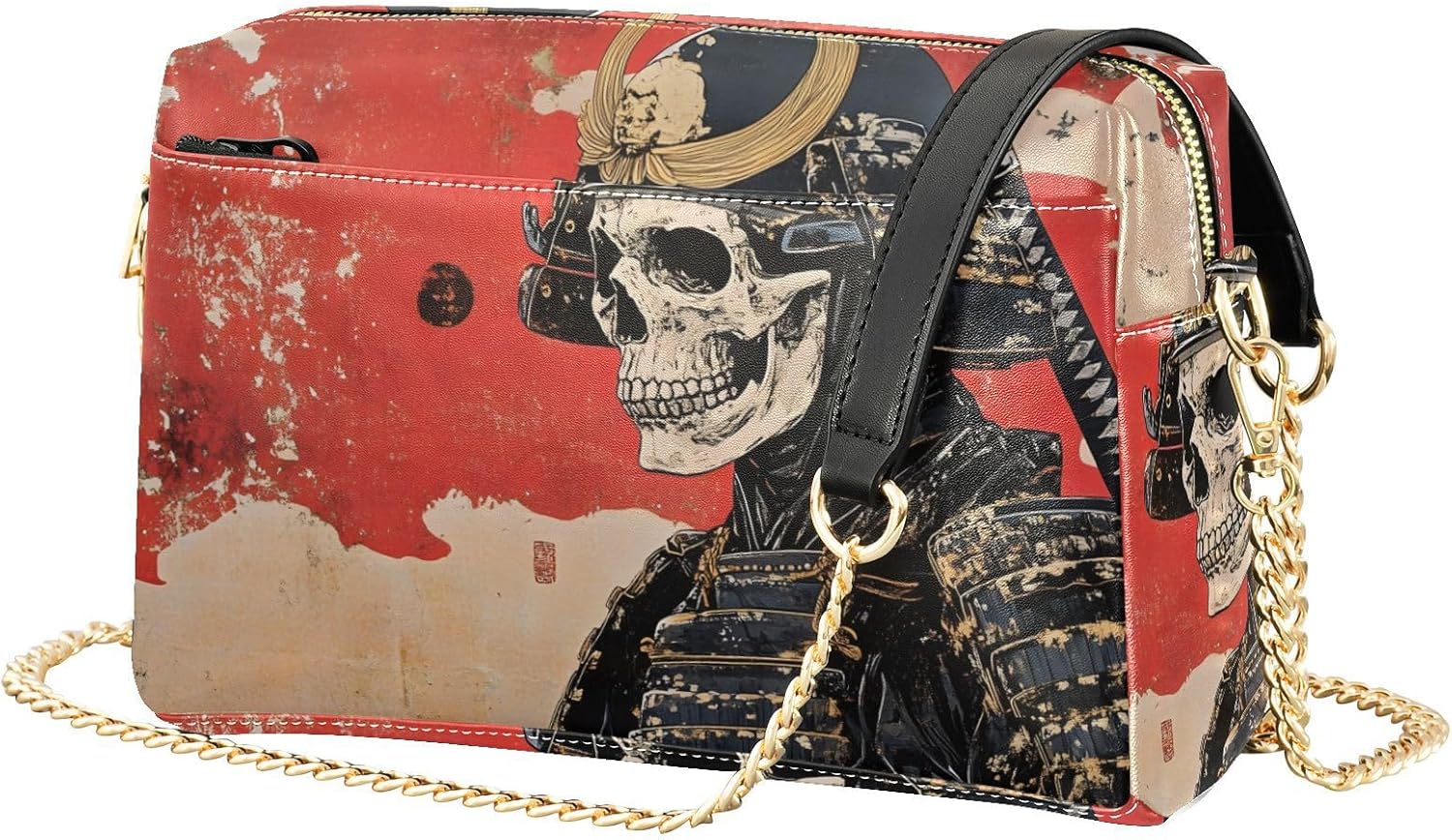 Women Crossbody Bag Shoulder Handbag Cellphone Purse PU Leather Metal Chain Strap Water Resistant Zipper Closure Ukiyo-e Skull Samurai Print