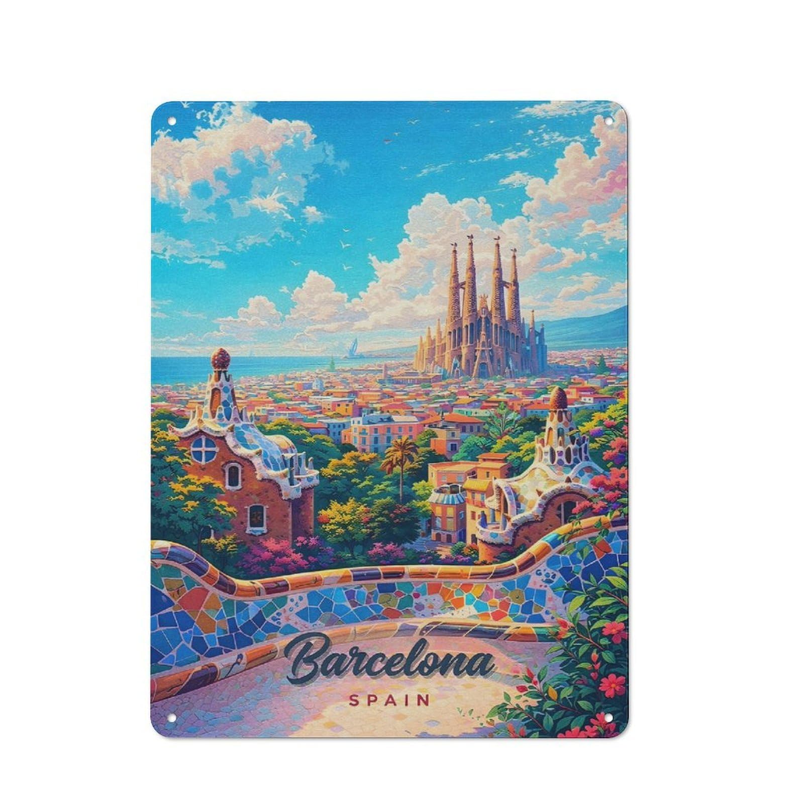 Junmoney Style-24 40X30cm Retro Tin Sign With Barcelona Cityscape With Sagrada Familia For Living Room Wall, Housewarming Present For People Styling Living Room