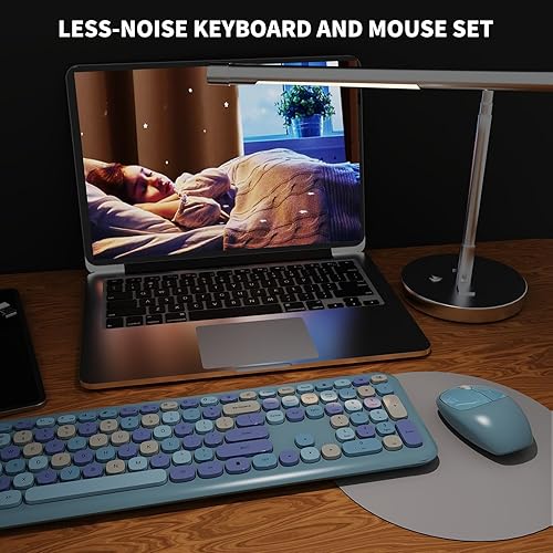 Vista 145 de Combo de teclado y mouse inalámbricos, colorido teclado ergonómico de tamaño completo con diseño retro, silencioso, con teclas bonitas, compatible