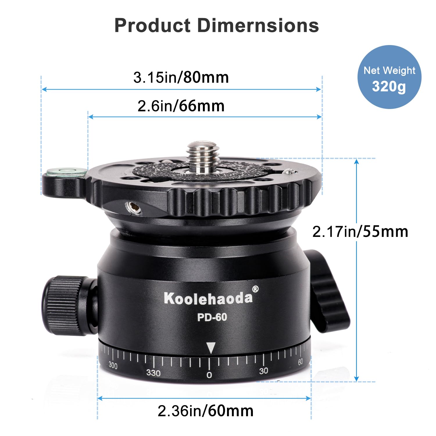 Koolehaoda Livellatore per fotocamera con base di livellamento per treppiedi, inclinazione di 15°, con filettatura da 3/8", livello a bolle offset e base panoramica a 360° per testa video, treppiedi