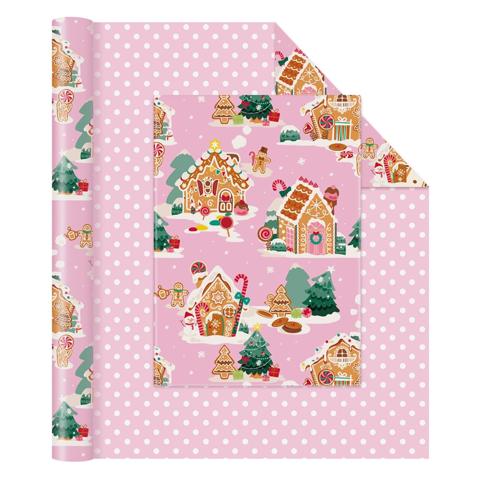 WERNNSAI Pink Christmas Wrapping Paper - 1 Roll 43cm X 10m Gingerbread House Wrapping Paper Roll Reversible Christmas Tree Gift Wraps for Kids Girls Xmas Winter Holiday Party with Polka Dot Design โ image 1