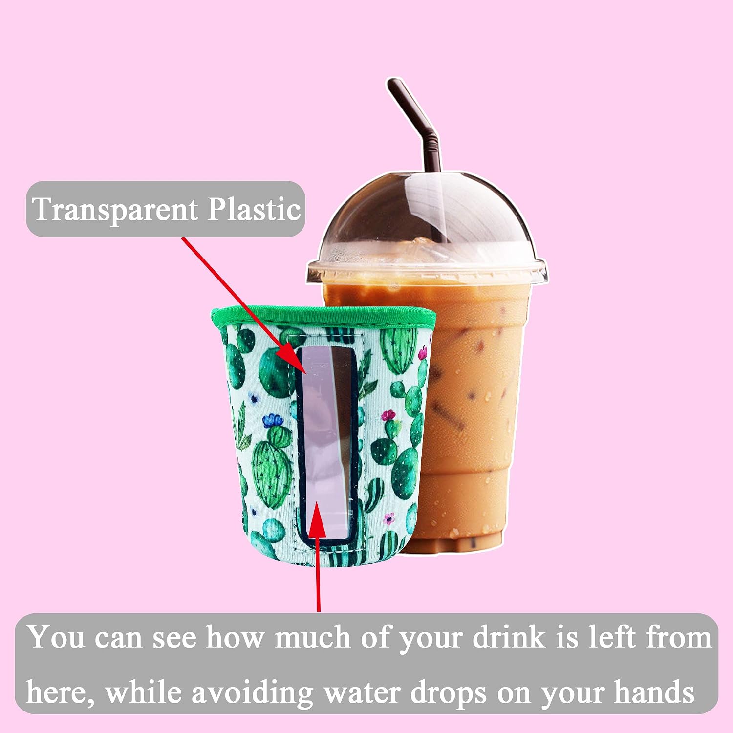 YUESUO 3 Pack Reusable Iced Coffee Cup Insulator Sleeve for Cold Beverages and Neoprene Holder for Starbucks Coffee, McDonalds, Dunkin Donuts, More (Cactus)