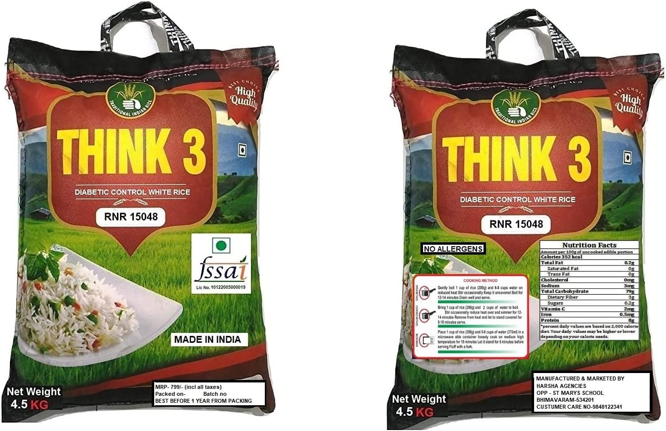 THINK3 Diabetic Control White Rice RNR 15048 with Low glycemic Index (4.5 KG)