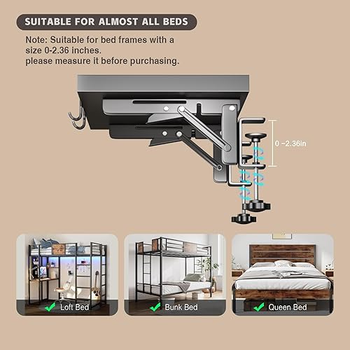 Miniatura 4 de Estante de mesita de noche plegable, estante de metal con clip para litera superior, bandeja de mesa auxiliar de cama resistente para dormitorio