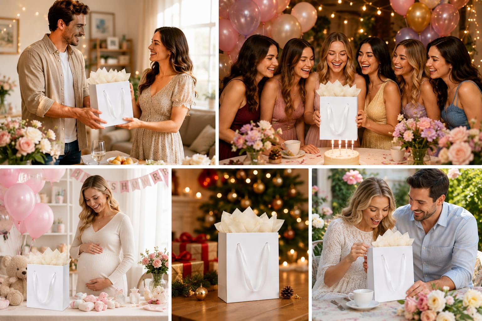 Treelement White 6 Pcs Gift Bags with Tissue Paper and Greeting Cards, 7×4×9 Inch Gift Bags with Handle for Wedding, Birthday, Party Favors, Baby Shower and Holiday Gifting.