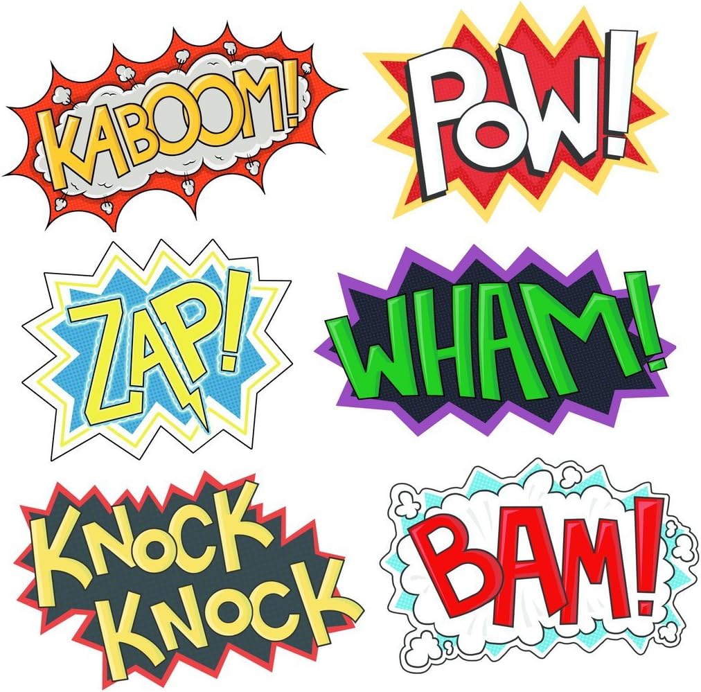 SuperheroParty Cardboard Word Cutouts, 6 Different pcs, Each 16.5 Inches on 11 inches, BAM POW Wham ZAP Kaboom Knock-Knock, Superhero Theme Birthday Supplies