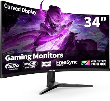 34 Inch Curved Gaming Monitor | 165Hz 4K 3440x1440, 1500R, 1ms MPRT, HDR400, 99% sRGB, FreeSync Premium, HDMI/DP Ports, VESA Mount