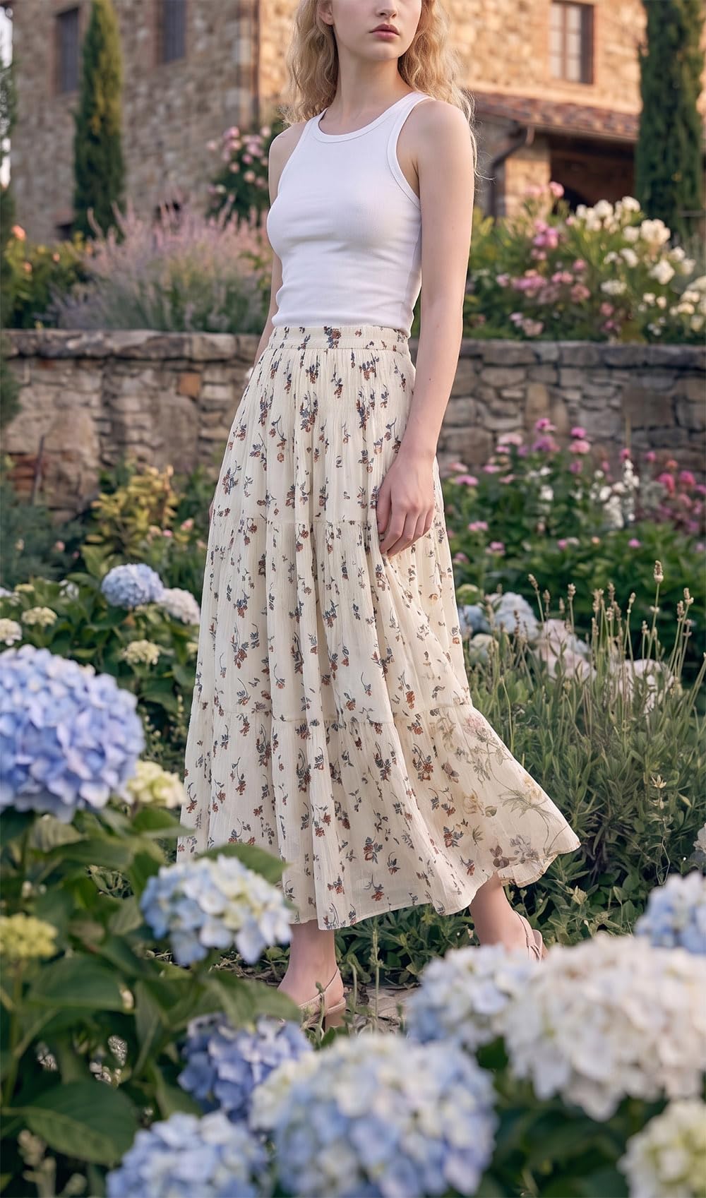 comefohome Jupe longue plissée en mousseline de soie avec taille élastique et volants pour femme