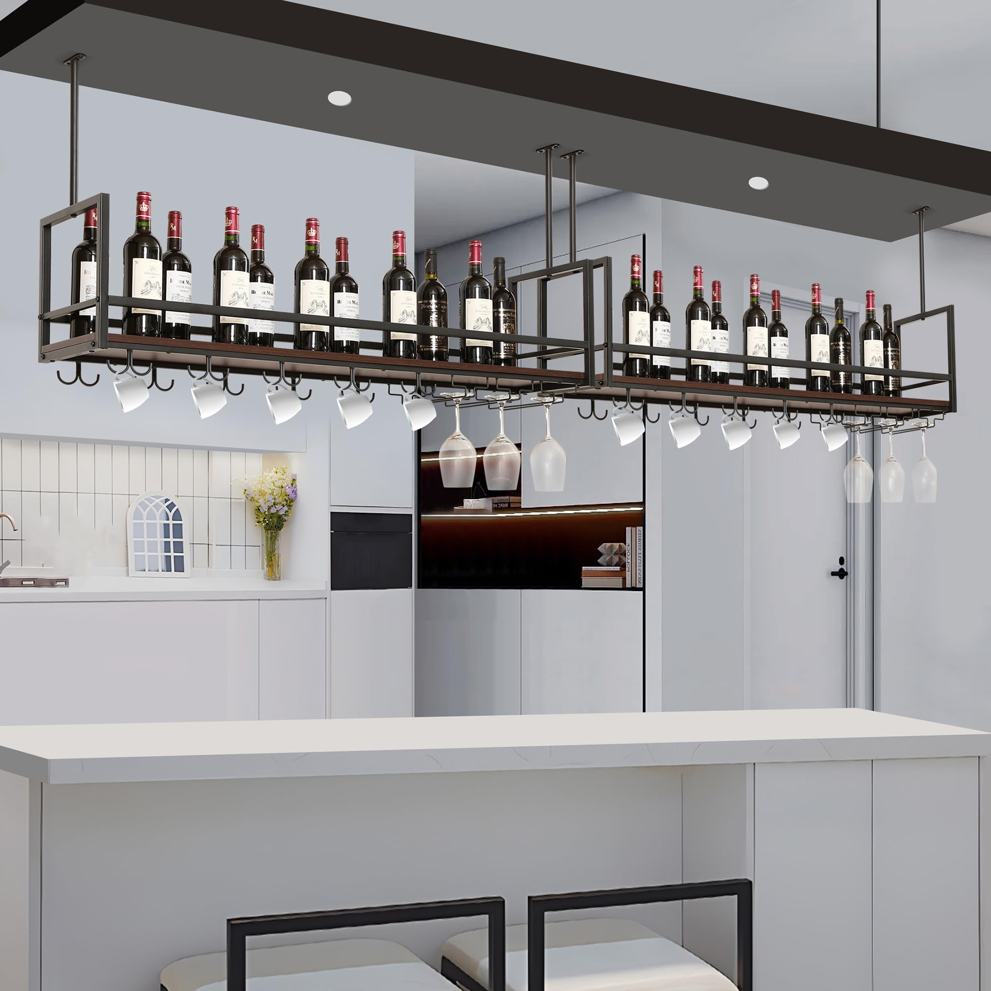 [en.casa] Botellero Vino Borejle Estantería Estante de Techo para Vino Licores Soporte Colgante para Copas Tazas para Cocina Cafeterías Metal/MDF 120 x 30 x 65 cm Negro y Efecto Nogal
