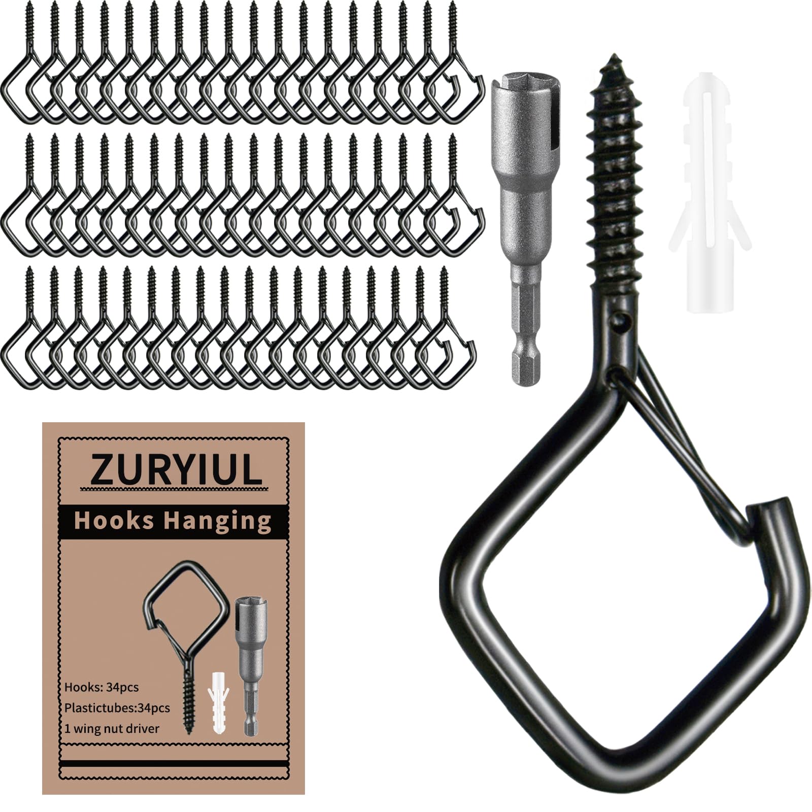 Heavy Duty Screw In Hooks with Safety Buckle, 2.2 IN Black Ceiling Hooks for Hanging Plants & Outdoor String Lights, Windproof Eye Hooks for Christmas Lights, Cups, Bird Feeders (Black, 34Pcs)