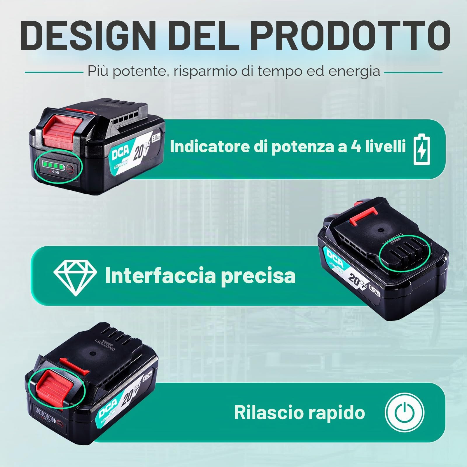 DCA 20V MAX Batteria agli Ioni di Litio, 5.0Ah Pacco di Batterie ad Alta Capacità, Compatta Batteria per Utensili da 20V, 0.64kg (FFBL2050)