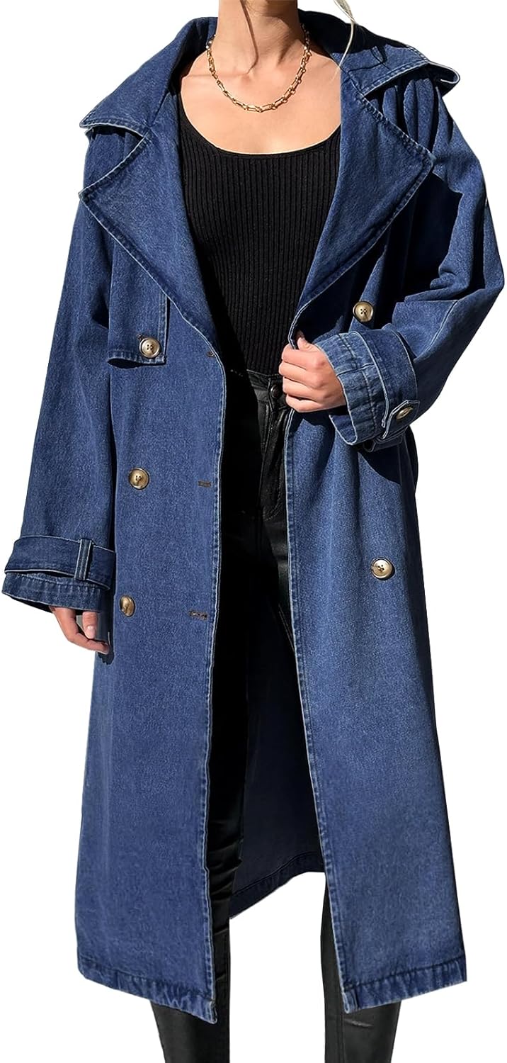 Fazortev Women's Long Double Breasted Denim Jacket Oversized Button Down Maxi Jean Coat Classic Lapel Outercoat