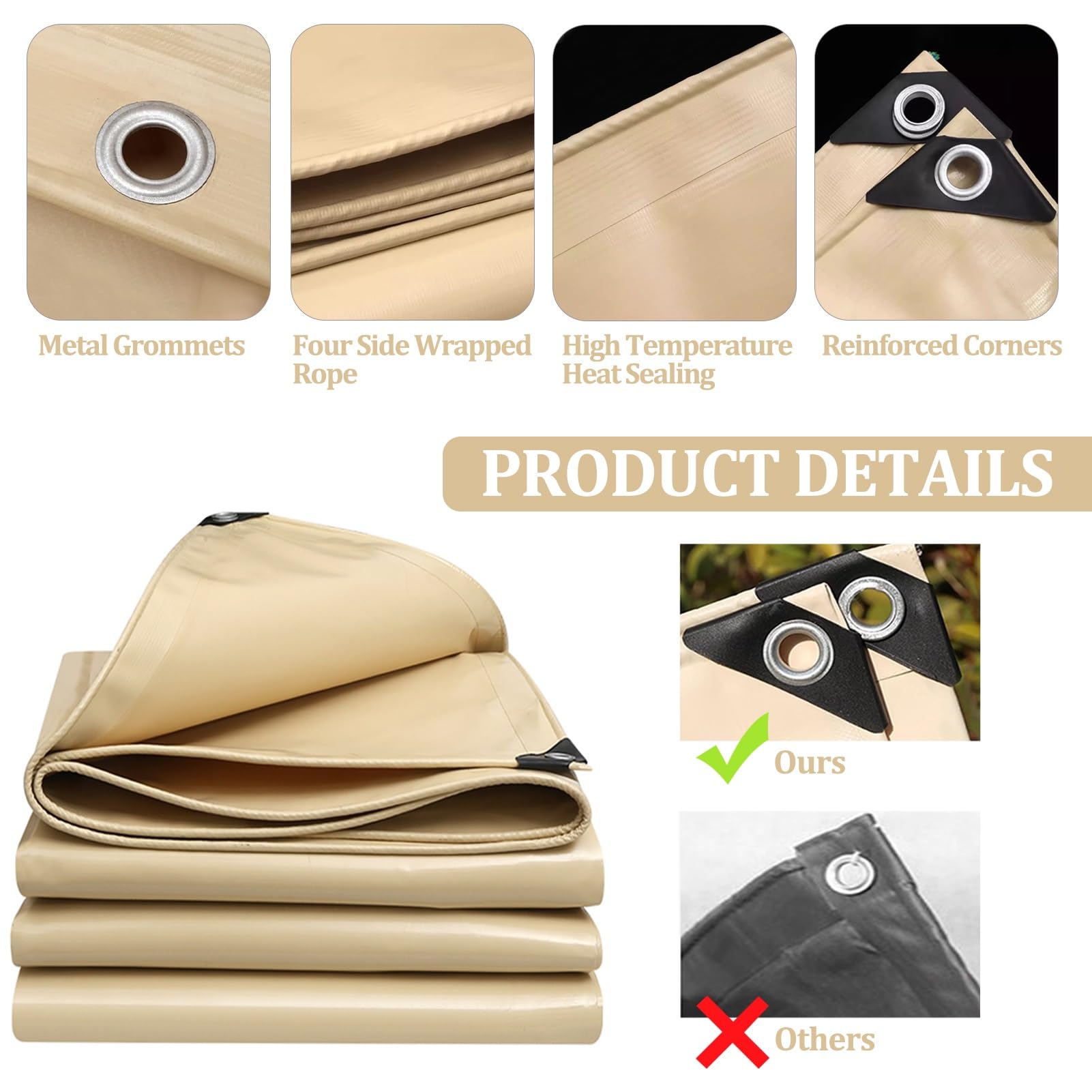 1x1m 2x2m 3x4m Telone Beige Telo Copritutto Resistente, Telo di Fondo, Teloni Impermeabili in PVC, Copertura Multiuso con Occhielli per Piscine, Caravan, Campeggio(1.8x2.4m)