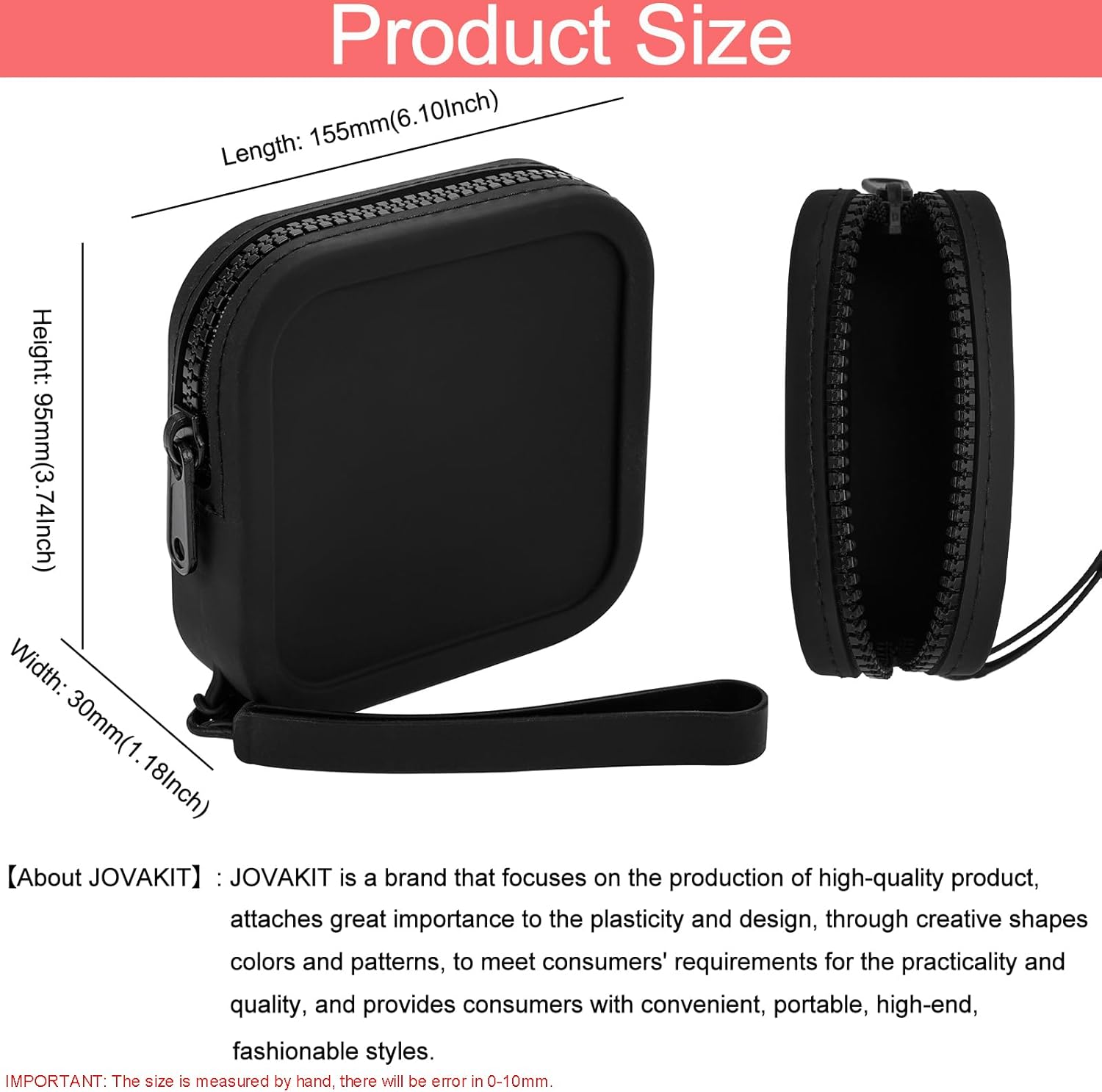 JOVAKIT Small Square Portable Silicone Makeup Bag for Women, Travel Waterproof Toiletry Cosmetic Bag Gifts for Women Girls, Zipper Closure Makeup Case with Handle (Black) - Image 3
