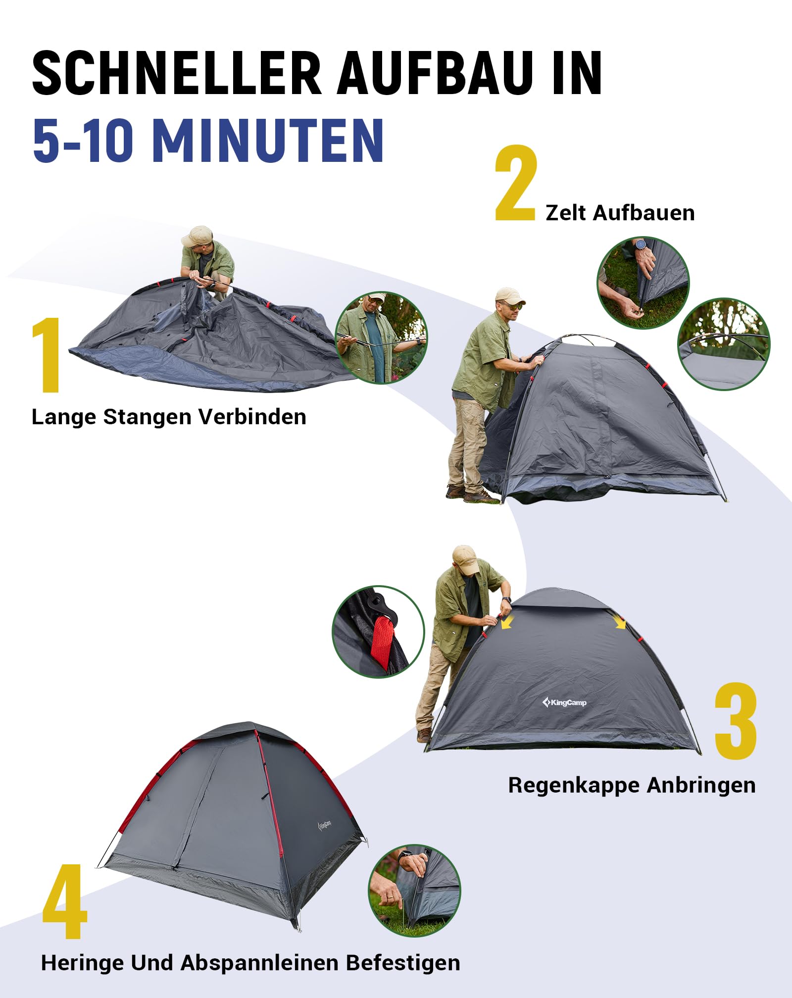 KingCamp 2-3 Personen Zelt Wasserdicht 3000mm Ultraleicht Camping Zelt mit Übergroßer Regenkappe & Reflektierenden Seilen -Kuppelzelte für Festival,Wochenend-Camping, Reisen - 210x180x130cm