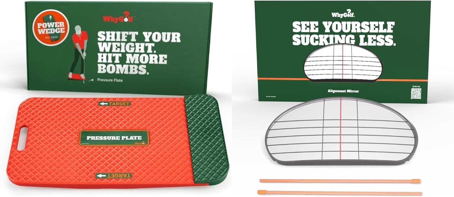 WhyGolf Golf Training Aid Bundle – Includes Swing Trainer Pressure Plate with Wedge for Weight Shift & Balance, and Alignment Mirror with 2 Rods for Consistent Setup, Posture, and Swing Practice