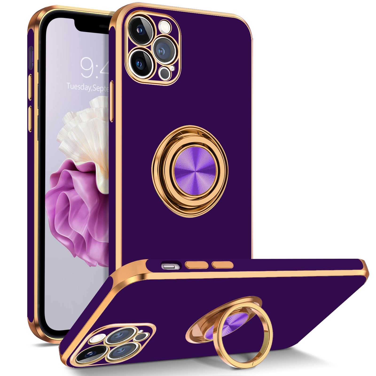 GUAGUA iPhone 12 Pro Case,with 360° Ring Kickstand Slim Shockproof Support Magnetic Car Mount Soft Flexible TPU Non-Slip Women Men Phone Protective Cover for iPhone 12 Pro 6.1 inch, Dark Purple/Gold