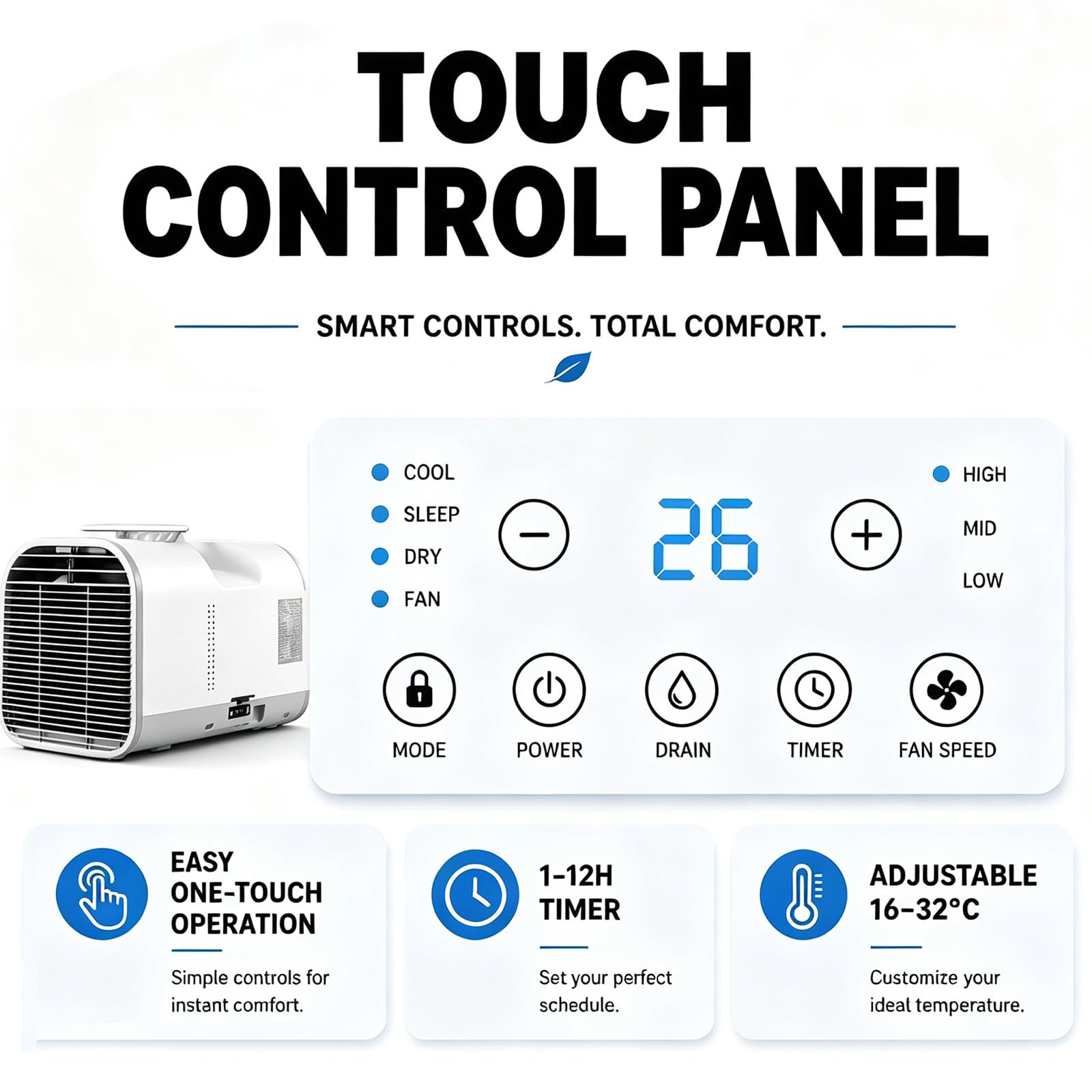 Tragbare Klimaanlage mit Abluftschlauch, Mobiles Klimagerät für Camping, 4-in-1 Luftkühler & Luftentfeuchter, 12H Timer, Kompakt für Wohnwagen, LKW, Kleines Zimmer 1300W
