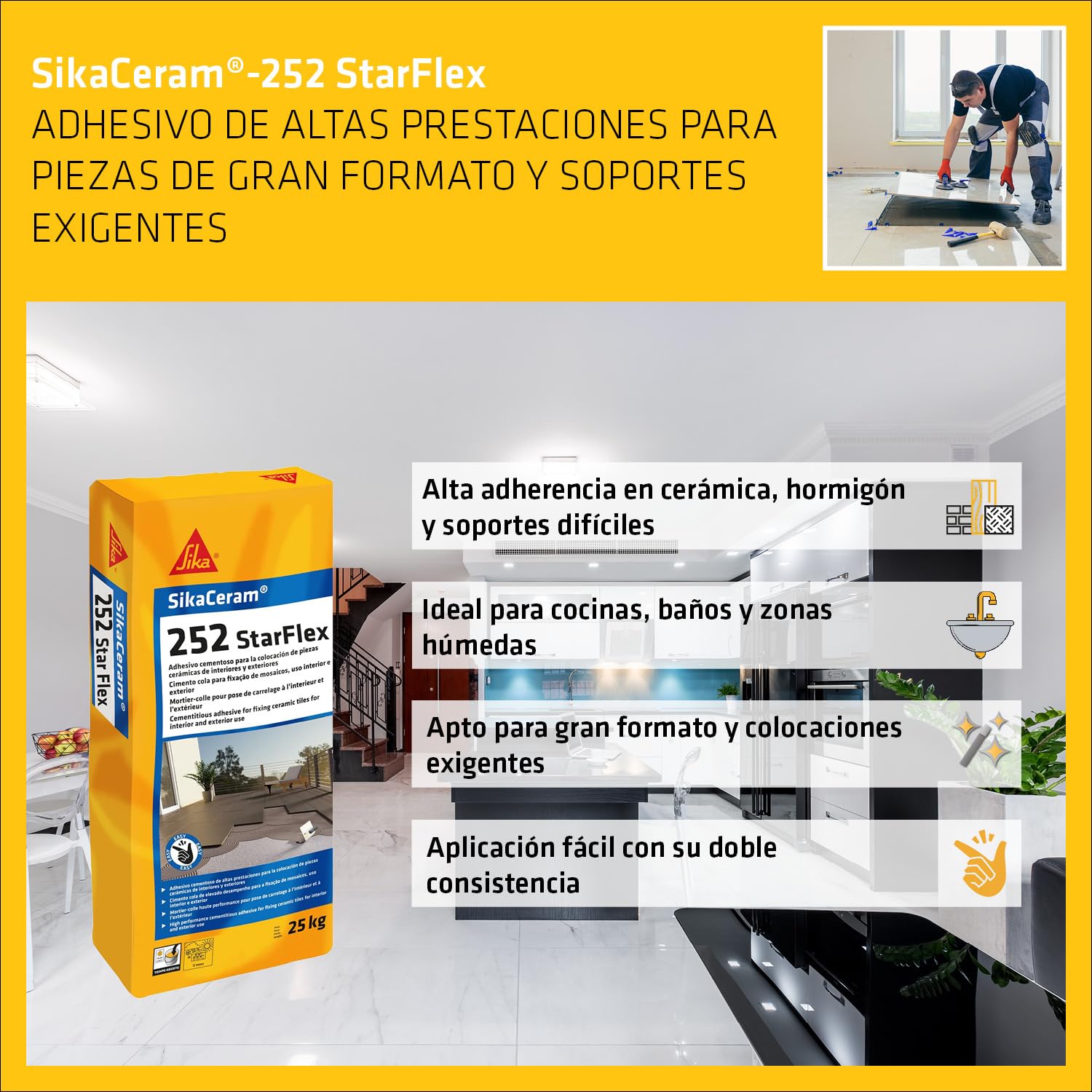 SIKA - Adhesivo cementoso de consistencia variable de altas prestaciones - SikaCeram-252 StarFlex - Gris - Deformable - Para la colocación de piezas cerámicas de tamaño medio a gran formato - 25kg