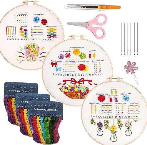 SVICCOOKQ Kit de bordado, 3 juegos de bordado para principiantes adultos, kit de práctica de punto de bordado para principiantes con hilos de color,