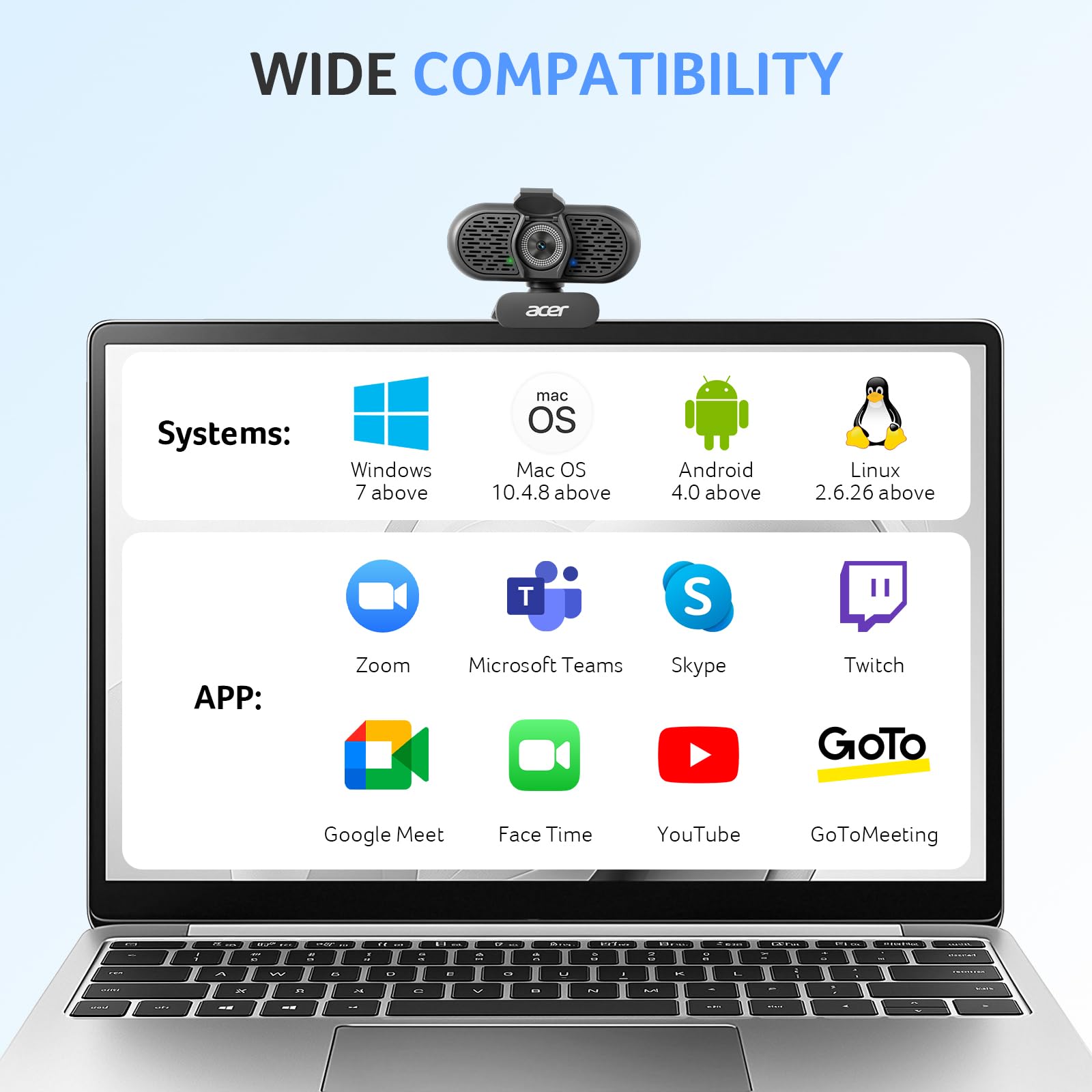 Acer A640 Webcam 4K per PC con sensore Sony PDAF Autofocus AI Noise Canceling Mic 2K 1080P/60fps Adattatore USB A a C Fotocamera per Gaming Streaming Riunioni Switch 2 Camera Team Zoom FaceTime